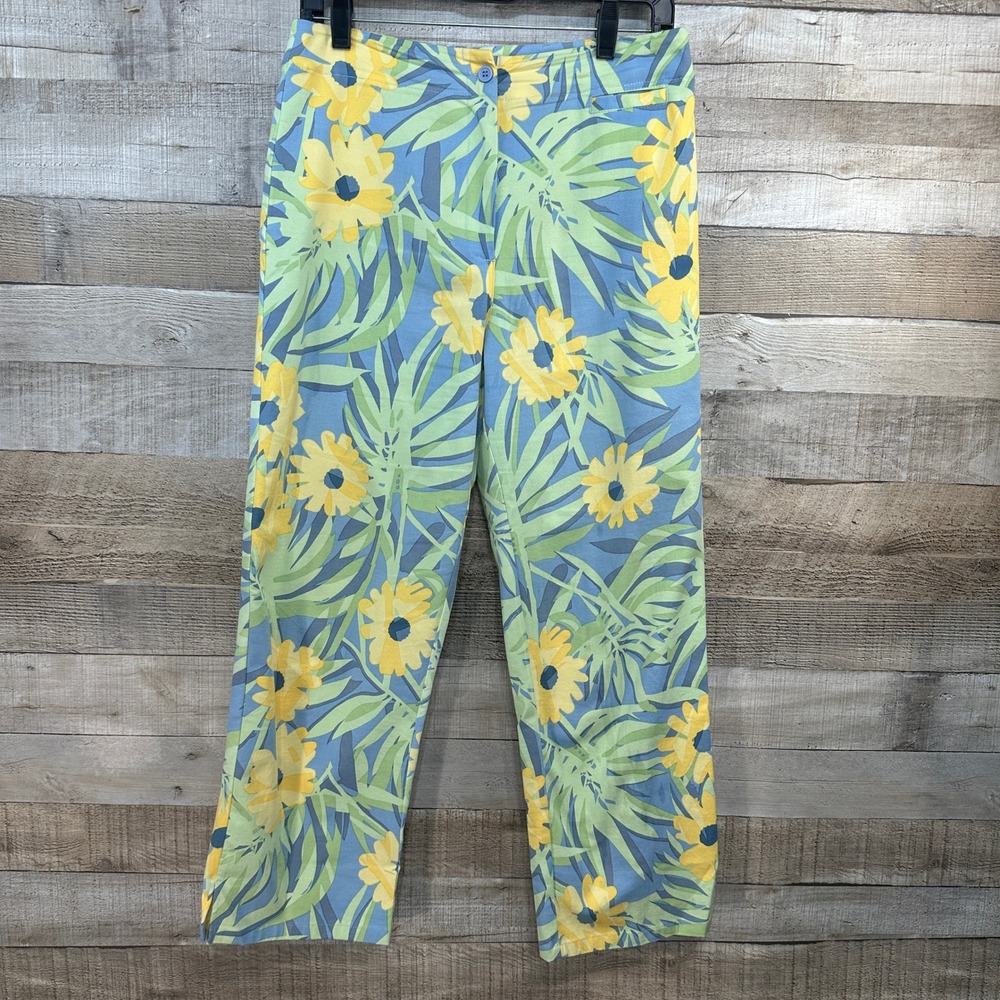 Talbots Vintage Womens 12 Tropical Floral Palm Print Cotton Pants‎ Blue Yellow